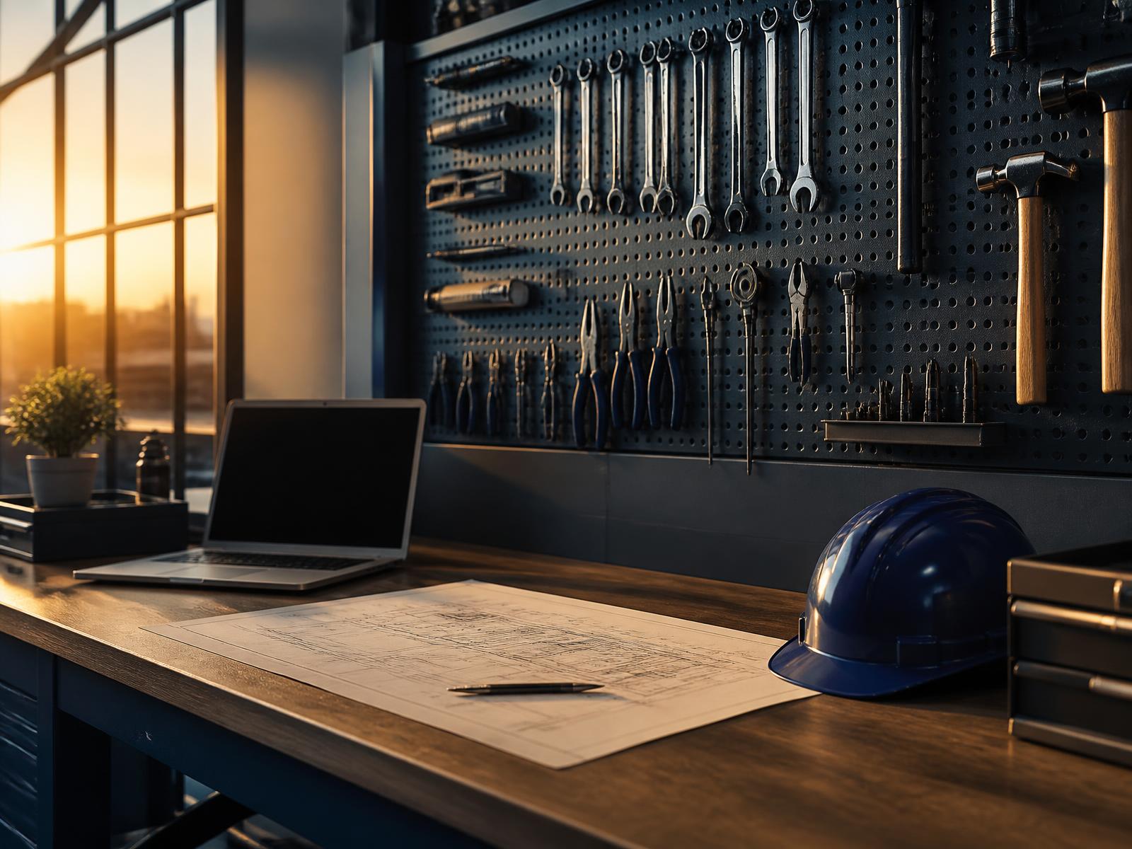 An organized workshop bench with hand tools on a pegboard, a laptop, and blueprints